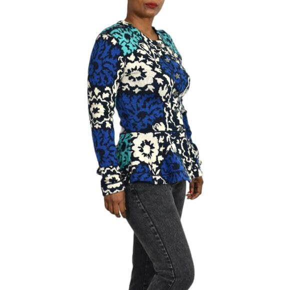 J Peterman Emmas Sweater Blue Hourglass Peplum Cardigan Green Floral Wool Small - Picture 13 of 16